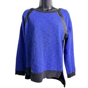 Express Sweater Womens Small Petite Blue Zip Shoulder Boat Neck Long Sleeve Knit